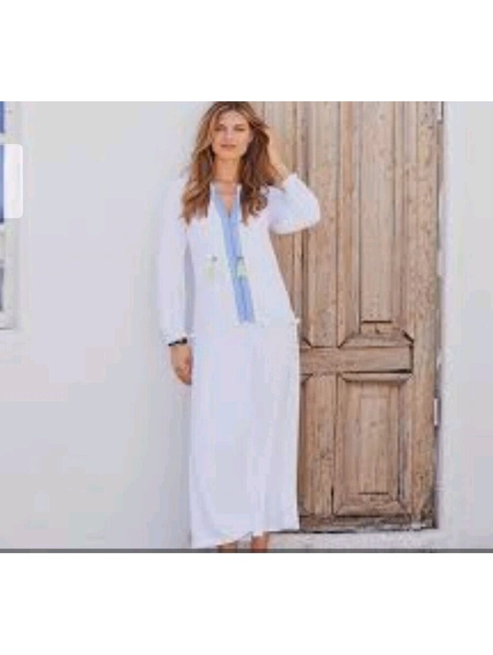 Cabana life S Swim Maxi Dress White Blue Coverup Embroidered Tassels L/S UV 50+